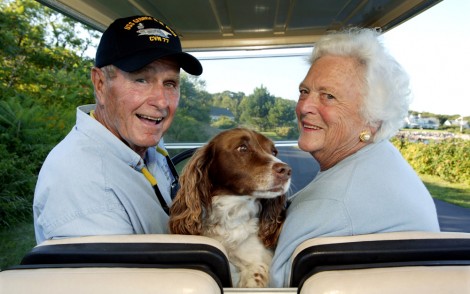 Former President And Mrs. George. H. W. Bush At Their Home In Maine With Dog Millie
